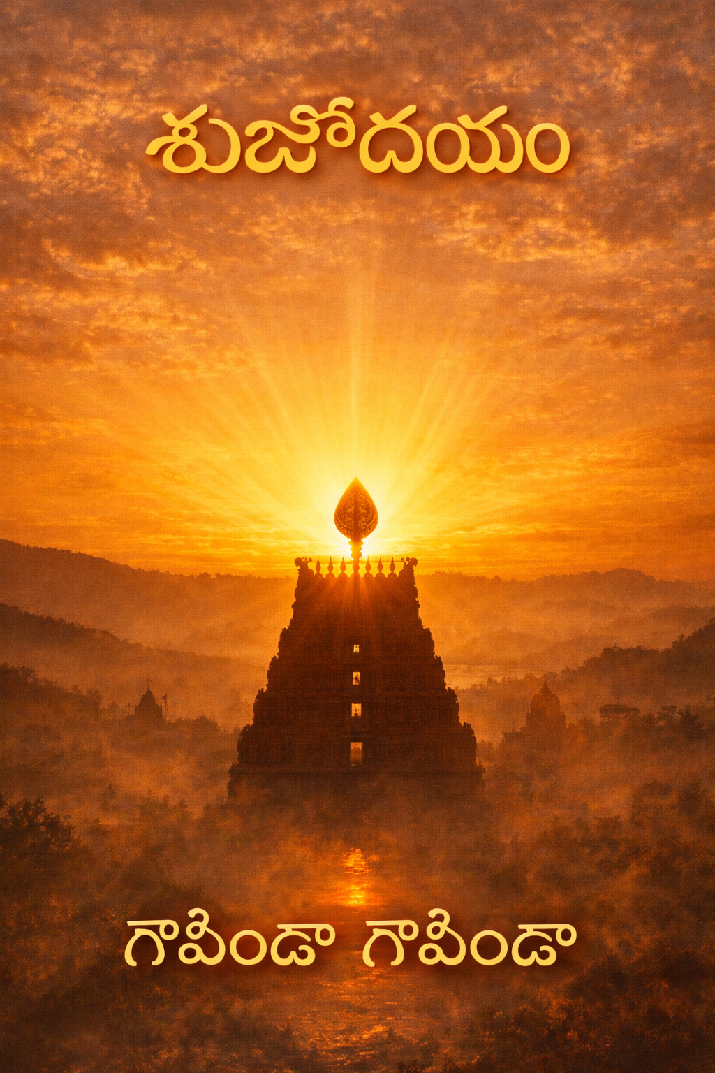 Subhodayam Telugu good morning — sunrise over Tirumala hills temple silhouette, Govinda Govinda text — vertical WhatsApp image